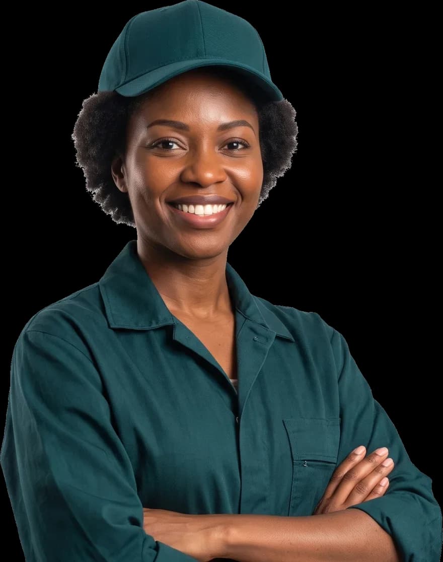 Verified HandLancer tradeswoman in work uniform, arms folded